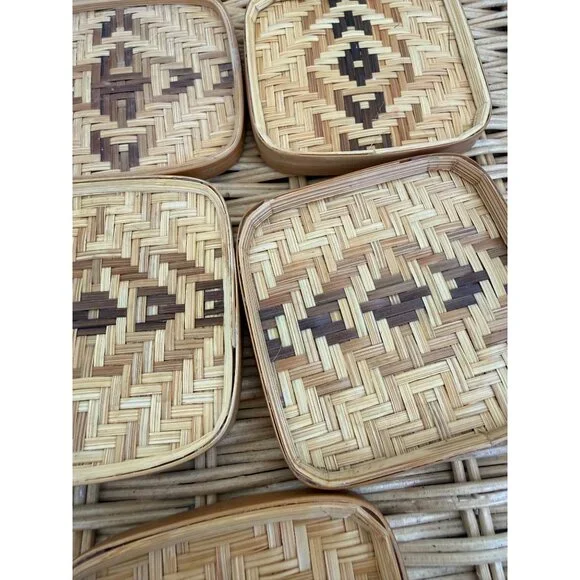 Vintage 70s Wicker Rattan Set of 5 coasters Barware Retro Boho - Picture 11 of 12